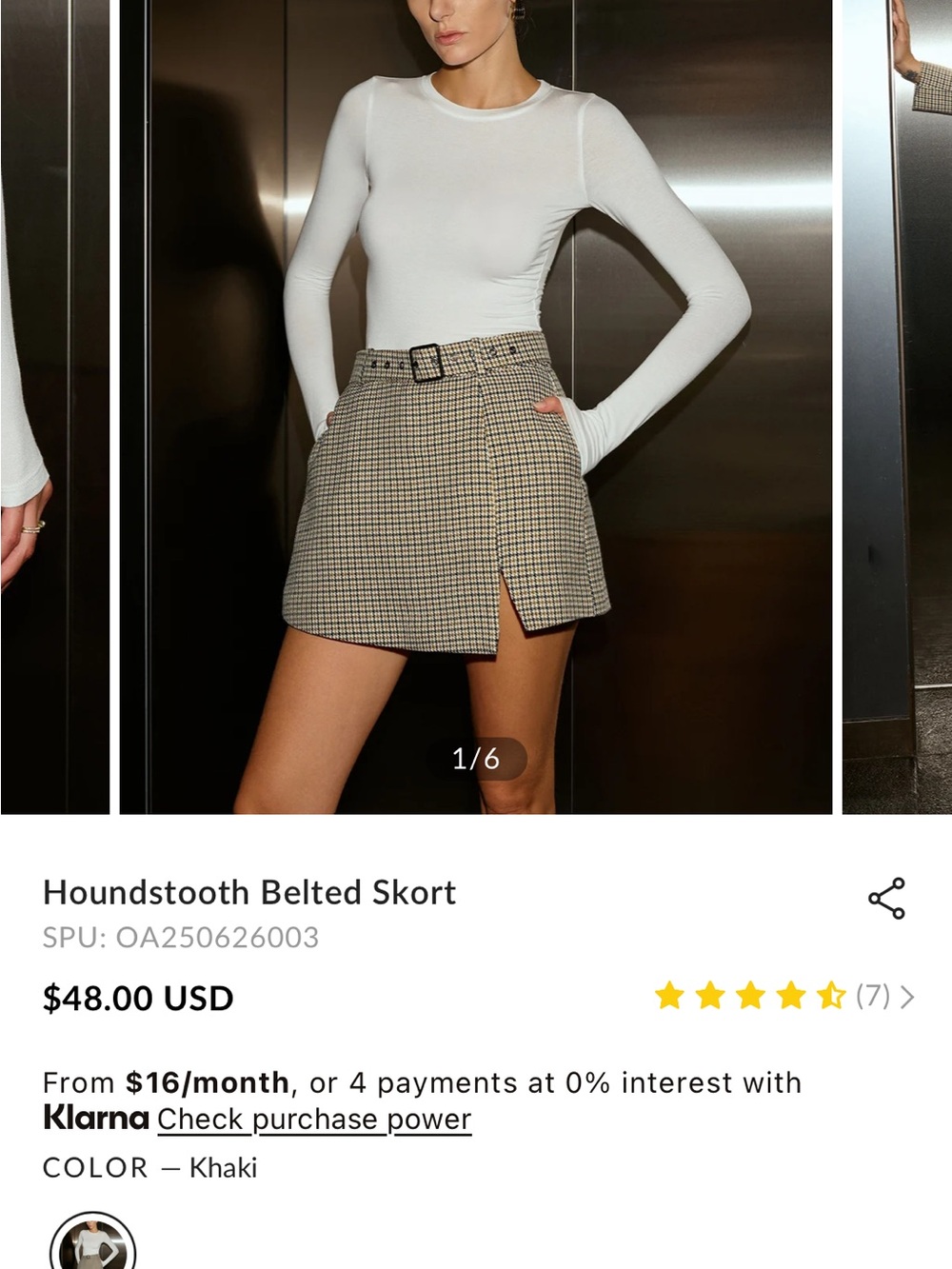 Commense Houndstooth Belted Skort - Khaki & Black